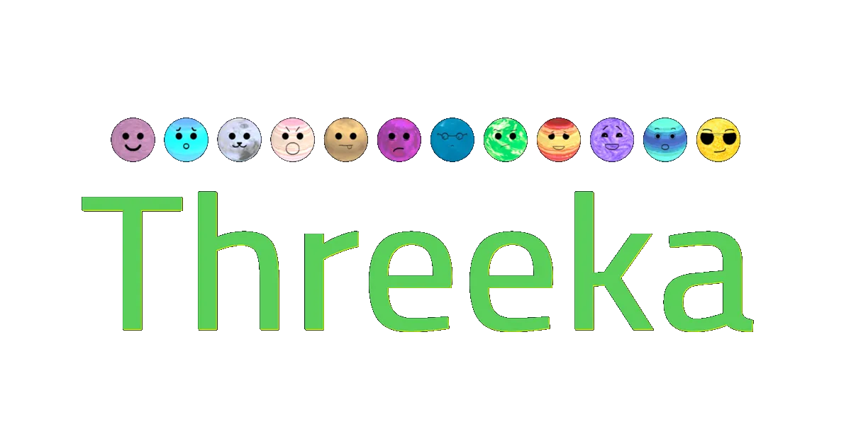The word Threeka with a row of illustrated planets above it